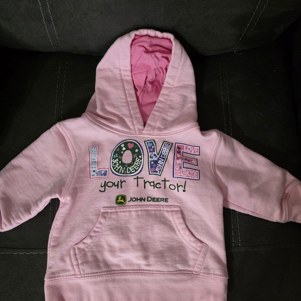 John Deere Pink Girls Hooded Sweatshirt with 'LOVE Your Tractor' Graphic